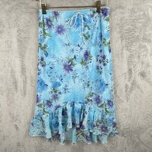 Philly California Y2K Skirt Women L 16 Blue‎ Floral Bow Ruffle Fairy Grunge Boho
